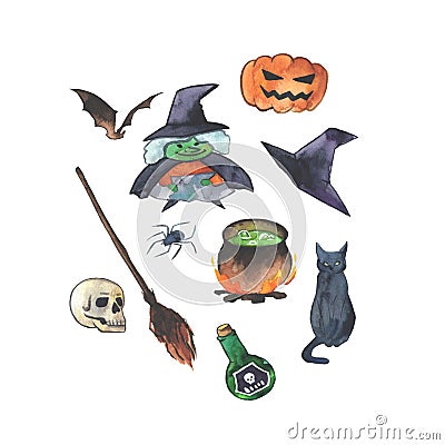 Beautiful Hand drawn watercolor Halloween illustration with â€œThe Witchâ€™ caracter Cartoon Illustration